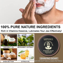LEPONIX sandalwood shaving soap provides rich lather for smooth glide