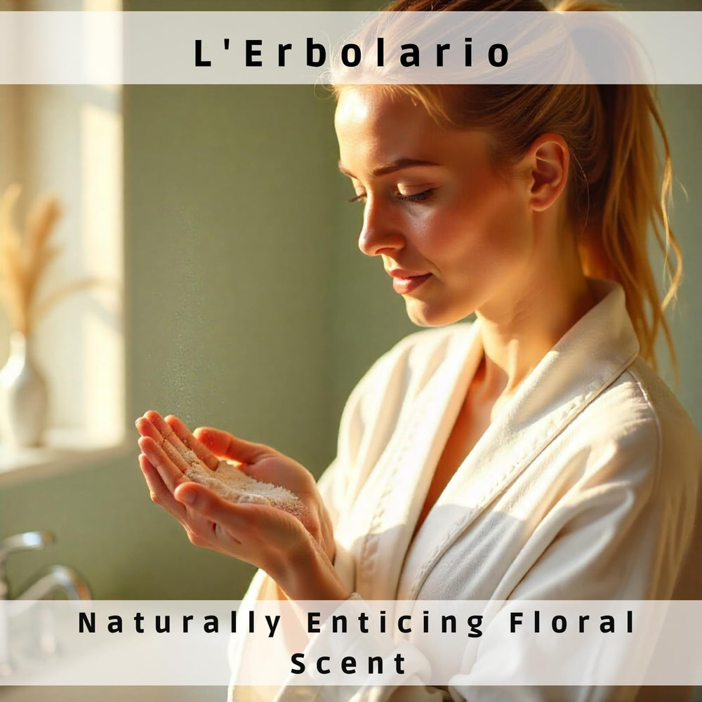 L'Erbolario Rose Perfumed Body Powder being dusted on skin after workouts for freshness.