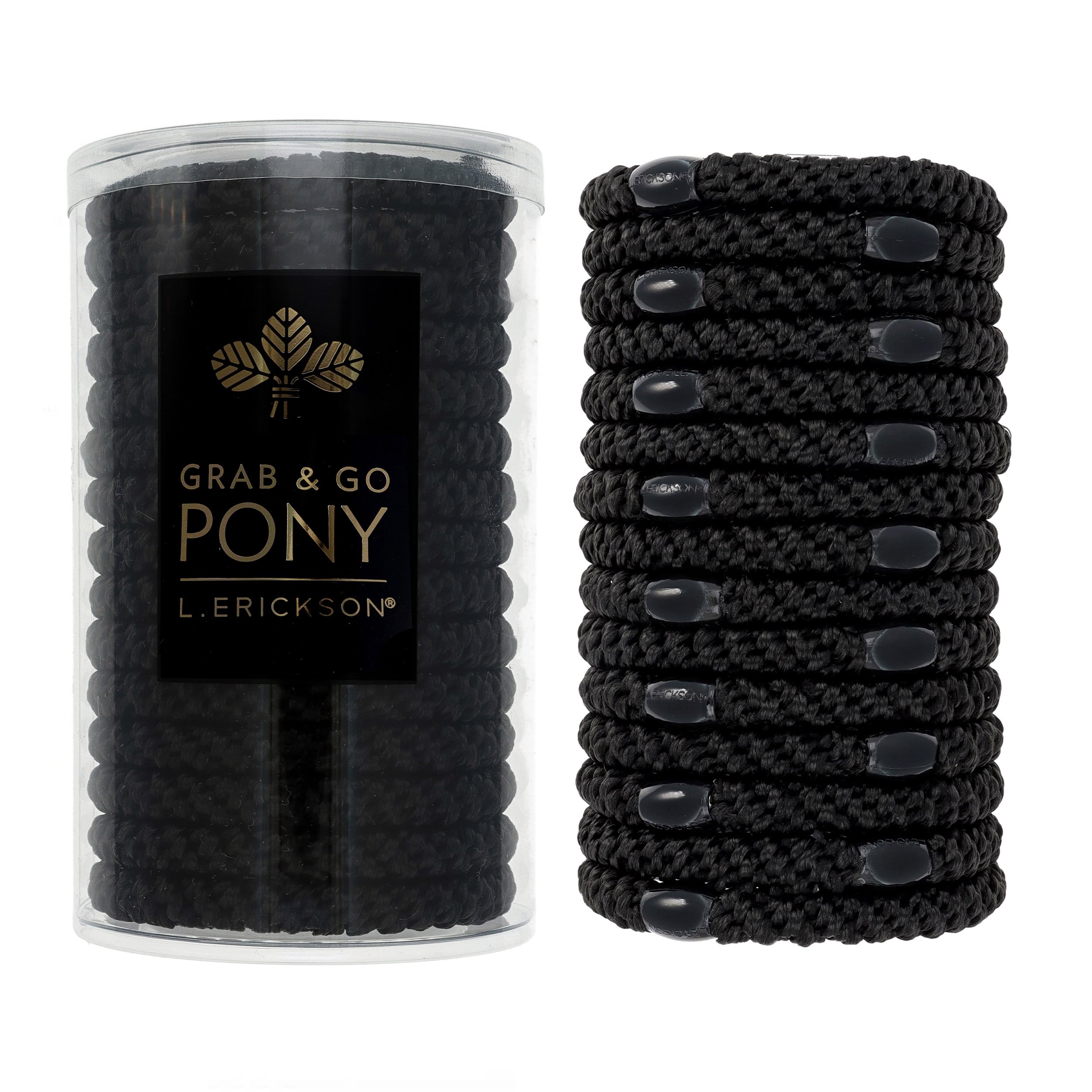 L. Erickson black hair ties grab-and-go pony tube 15-pack for secure daily ponytails.