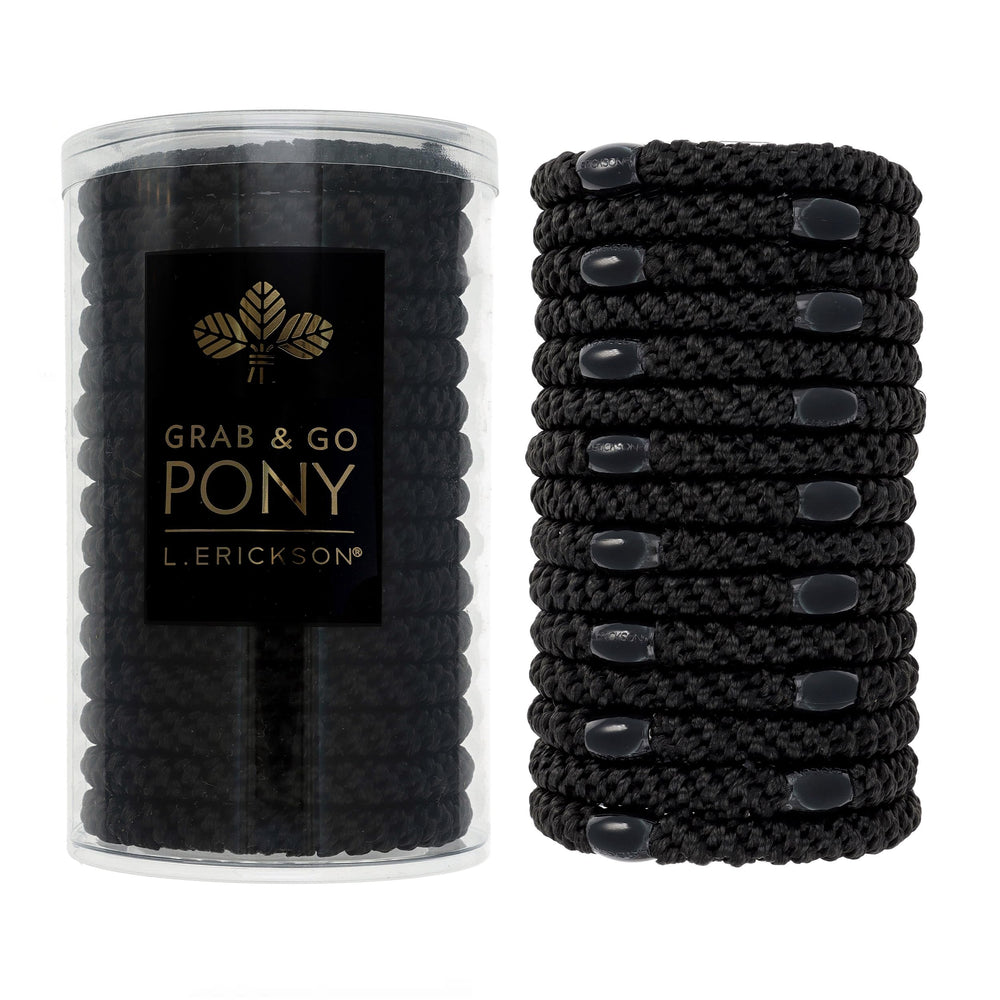 L. Erickson black hair ties grab-and-go pony tube 15-pack for secure daily ponytails.