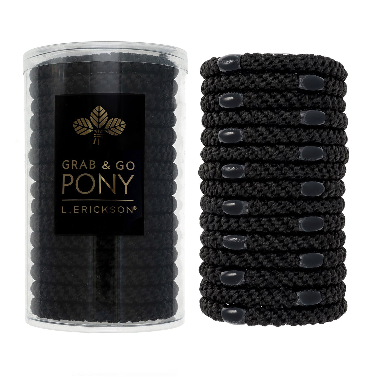 L. Erickson black hair ties grab-and-go pony tube 15-pack for secure daily ponytails.