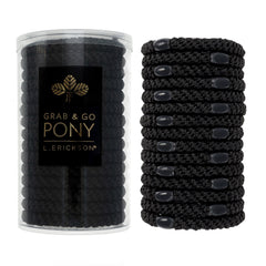 L. Erickson black hair ties grab-and-go pony tube 15-pack for secure daily ponytails.