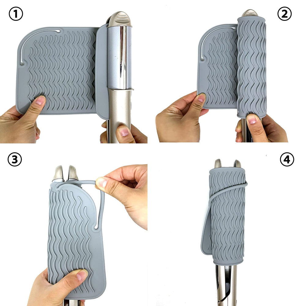 Lessmon counter-heat-damage mat shields surfaces during styling.