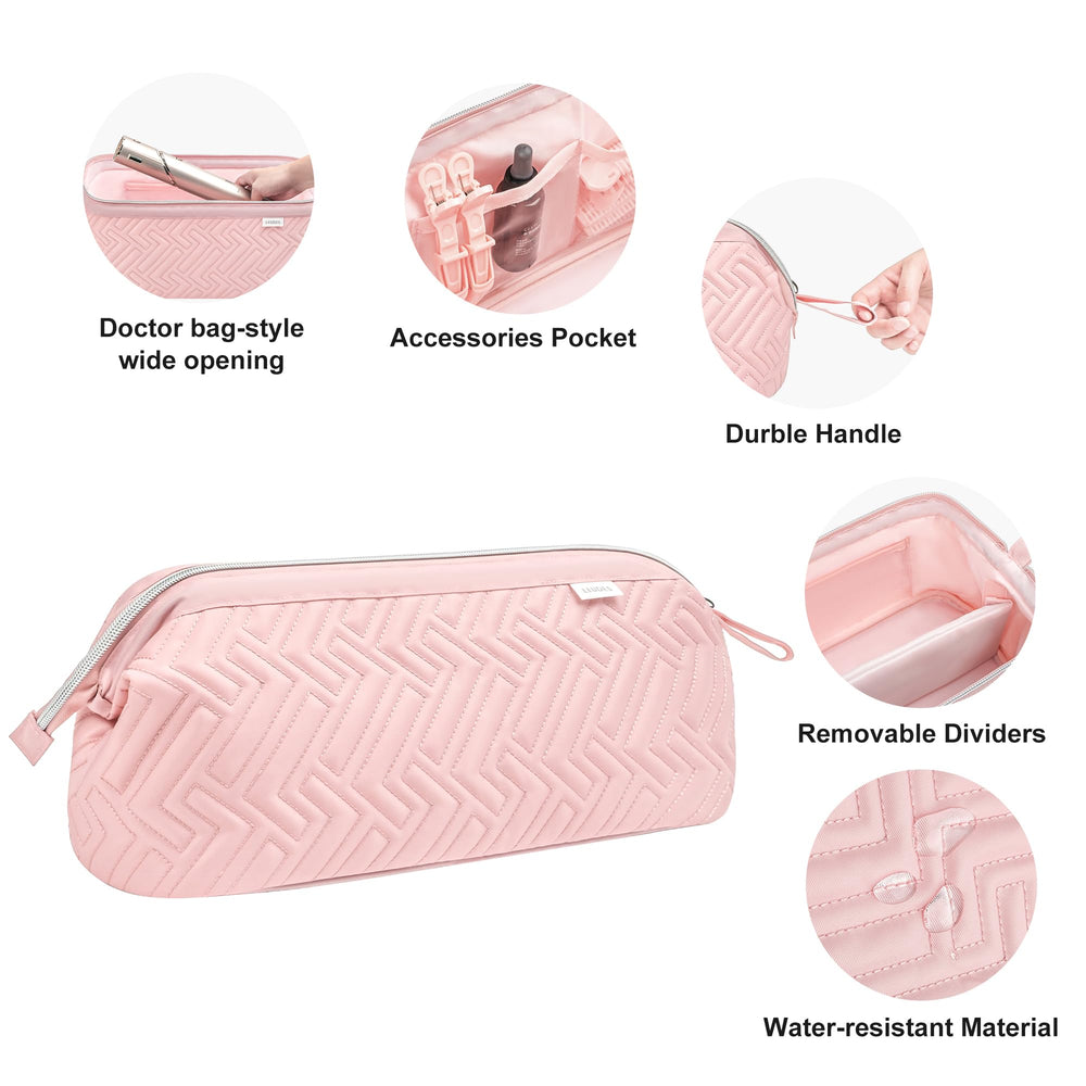 Two clear pockets help organize small accessories in pink Leudes case.