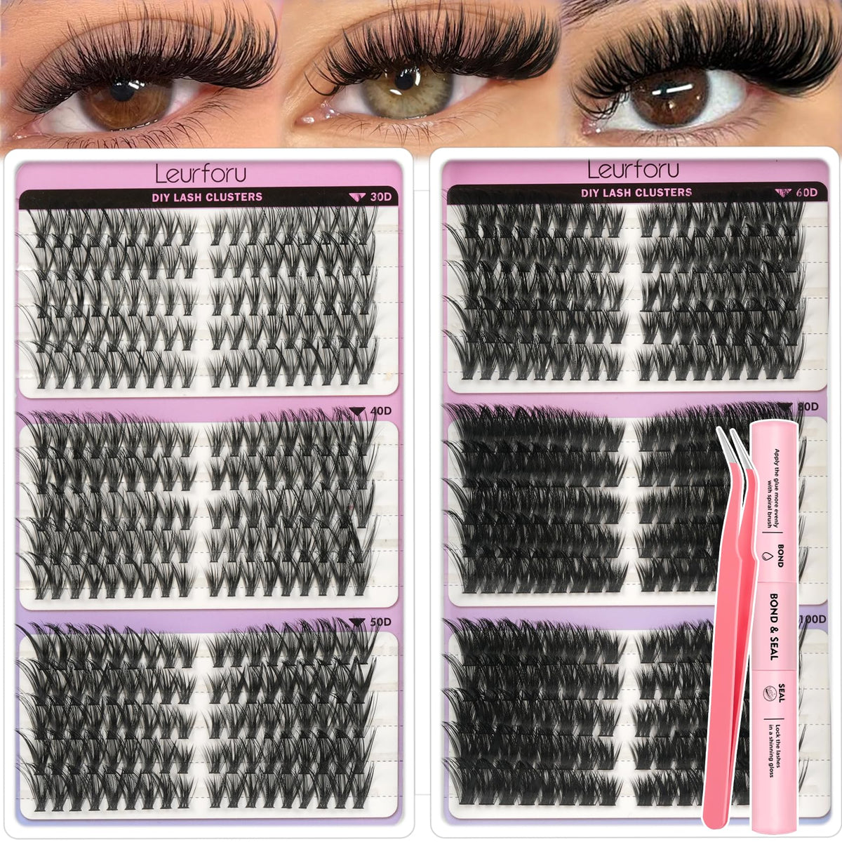 Leurforu lash clusters kit 530pcs showcasing compact lashes for full-volume looks.
