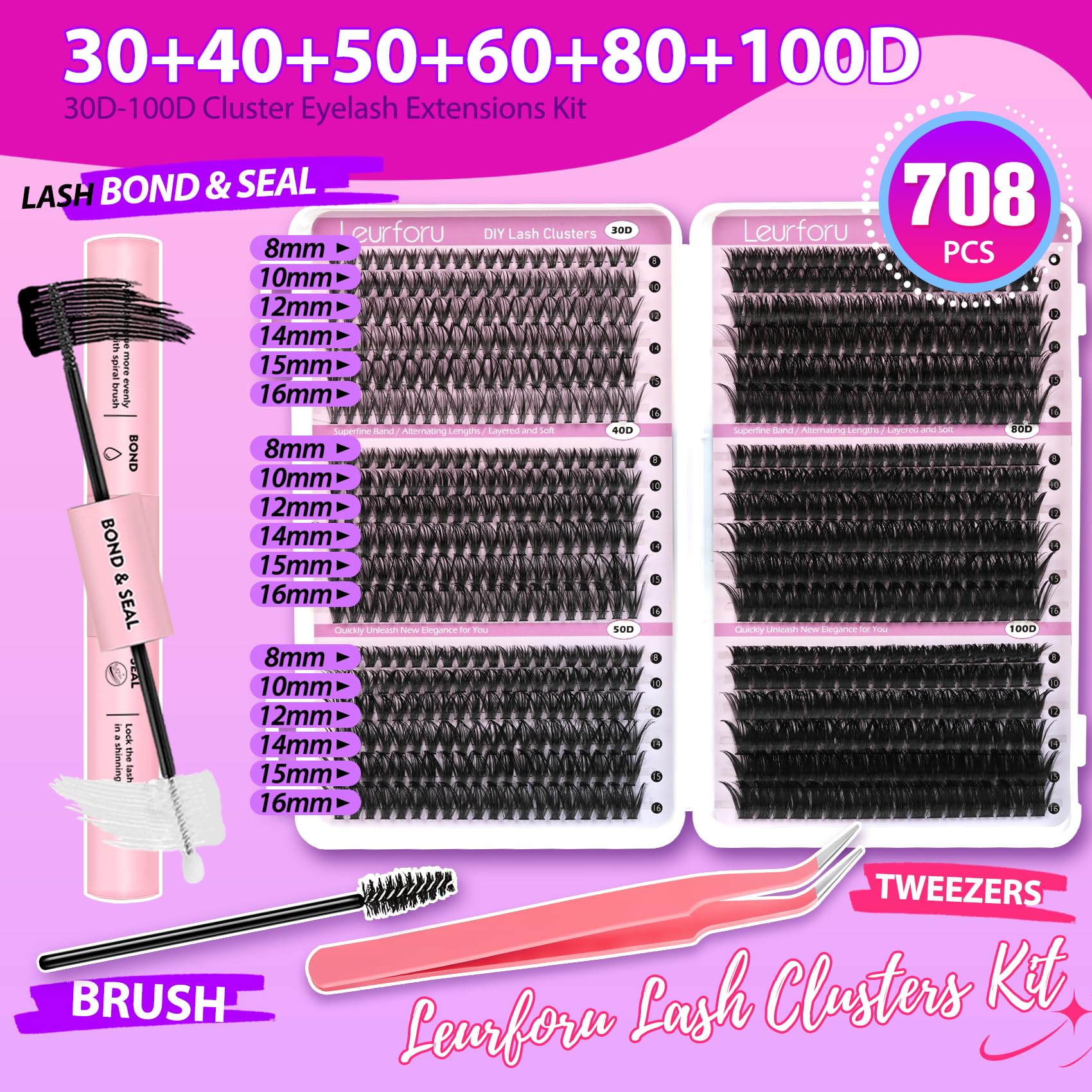 Leurforu lash clusters kit includes bond, seal, tweezers, and brush for easy styling.