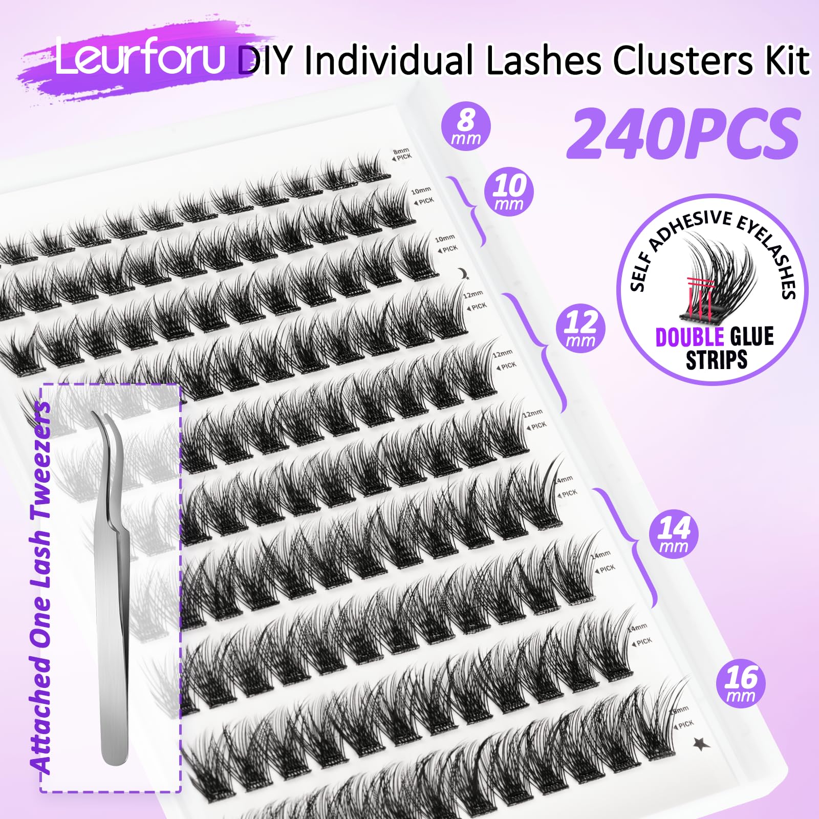 Leurforu natural curl lash clusters mixed-length 8-16mm for balanced fullness.