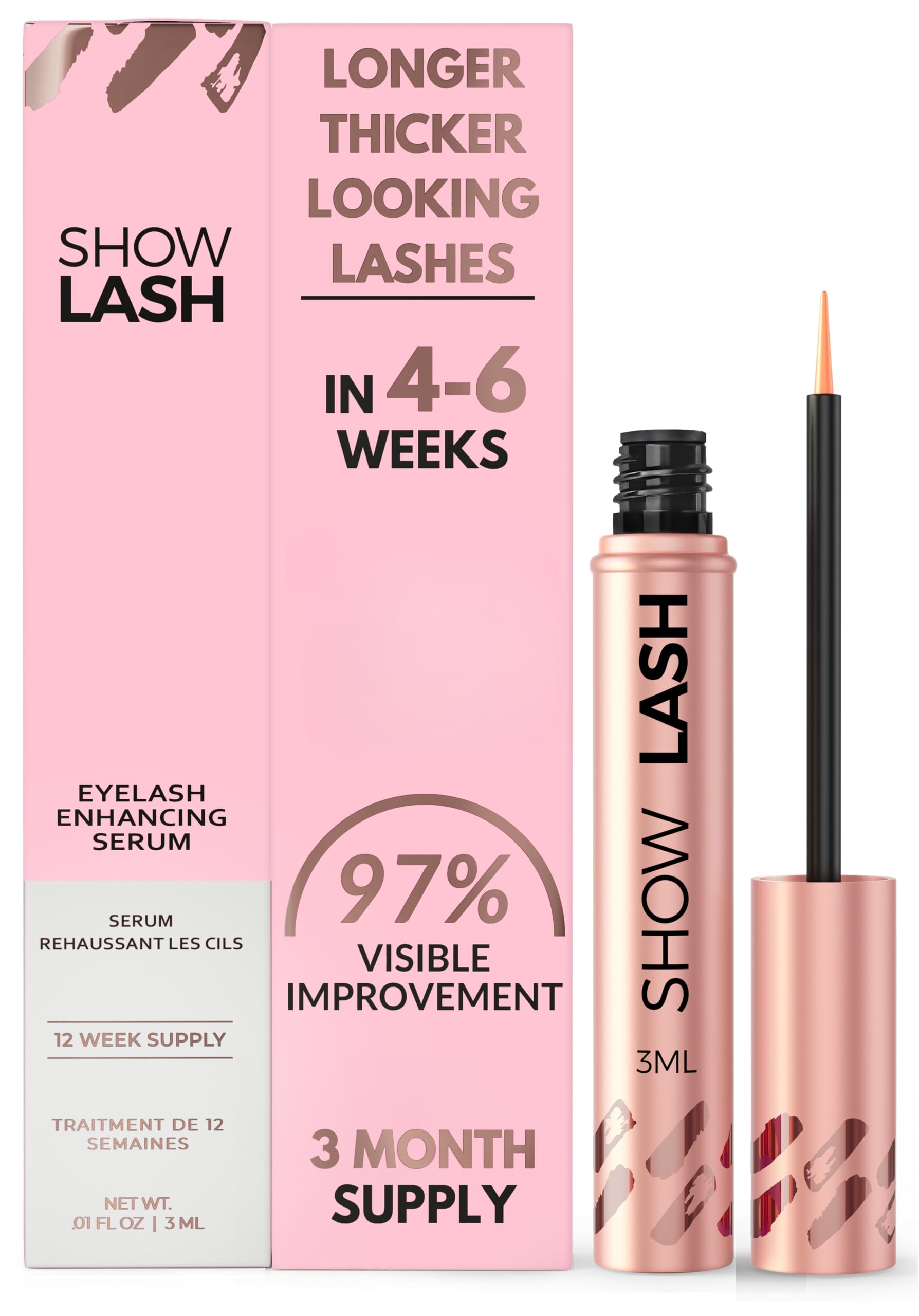 LeVaye Show Lash Serum bottle close-up suggesting a premium look for longer lashes