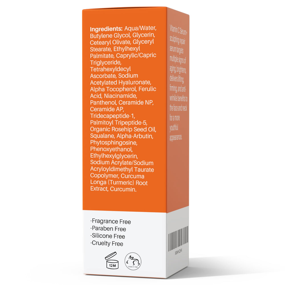 LeVaye Vitamin C Serum box and bottle on vanity.