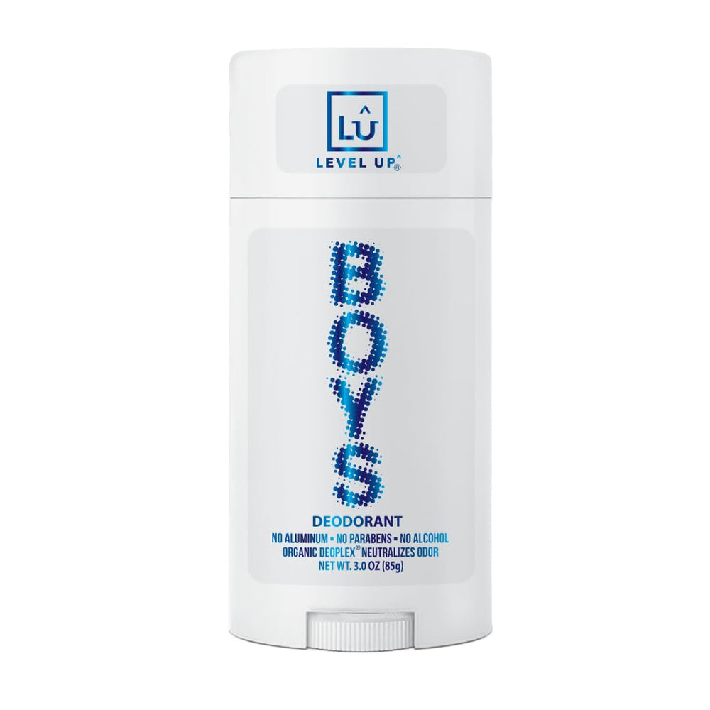 Level Up desodorante para niños en envase, aroma limpio para piel sensible.