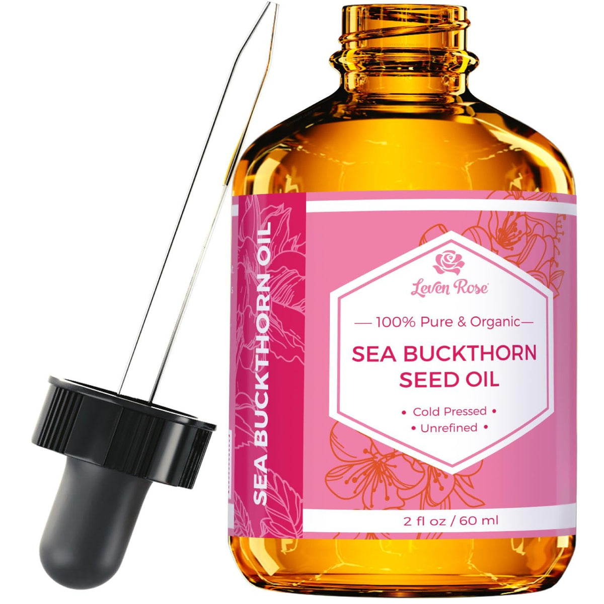 Leven Rose Aceite de Espino Amarillo, semilla, botella oscura, para hidratación suave de piel.