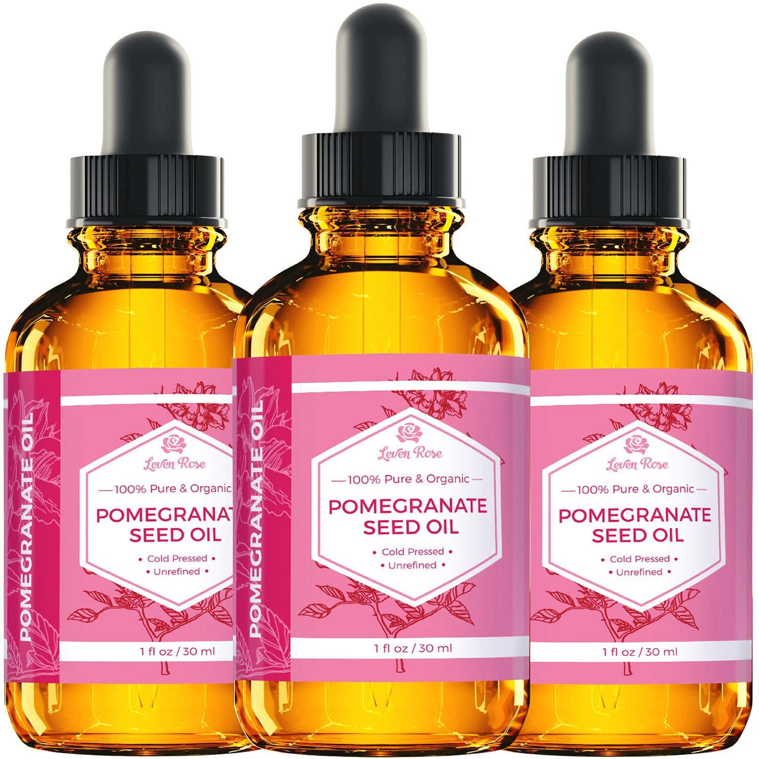 Leven Rose Aceite Granada, envase ámbar oscuro conserva nutrientes