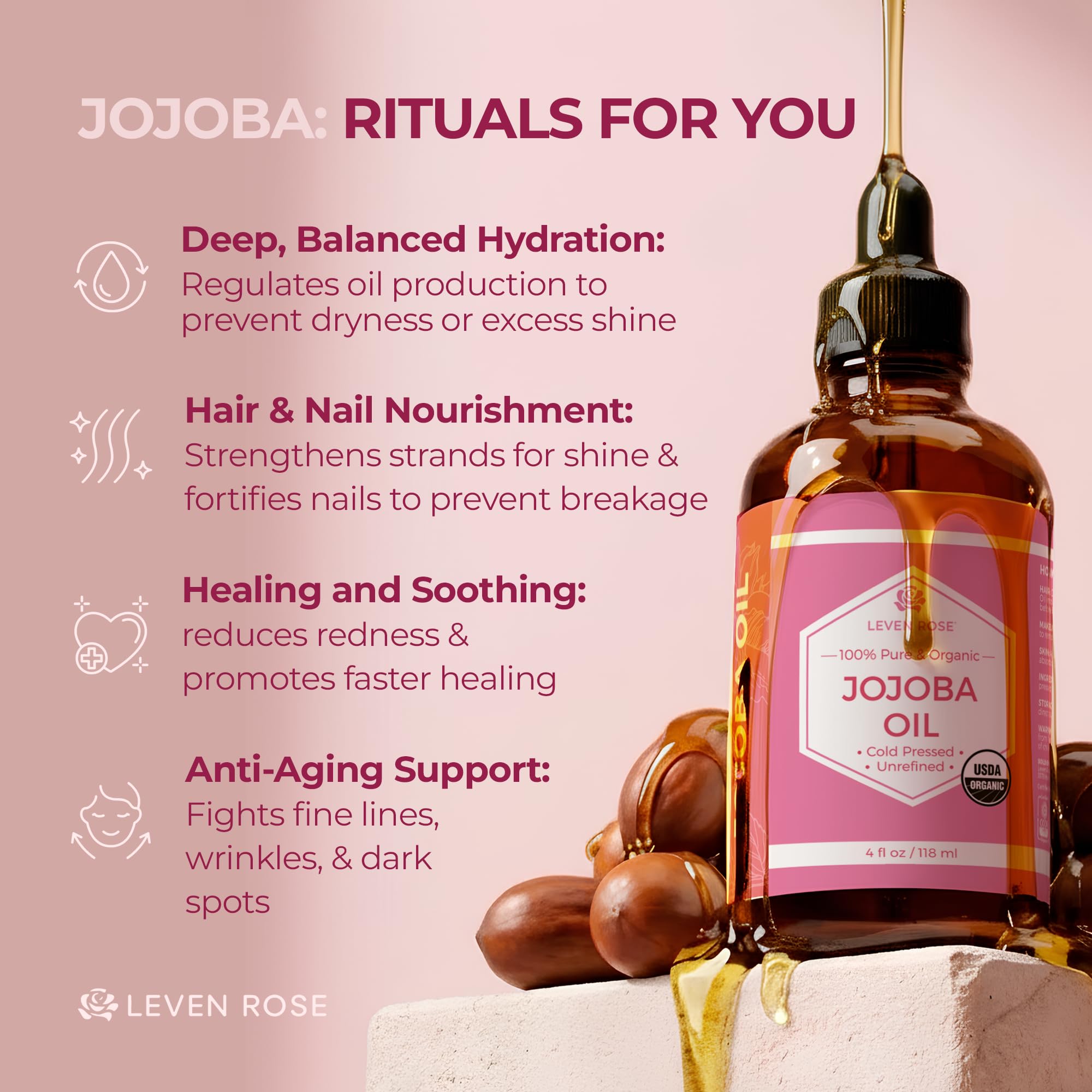 Leven Rose Aceite de Jojoba: piel-hidratación ligera para uso diario.