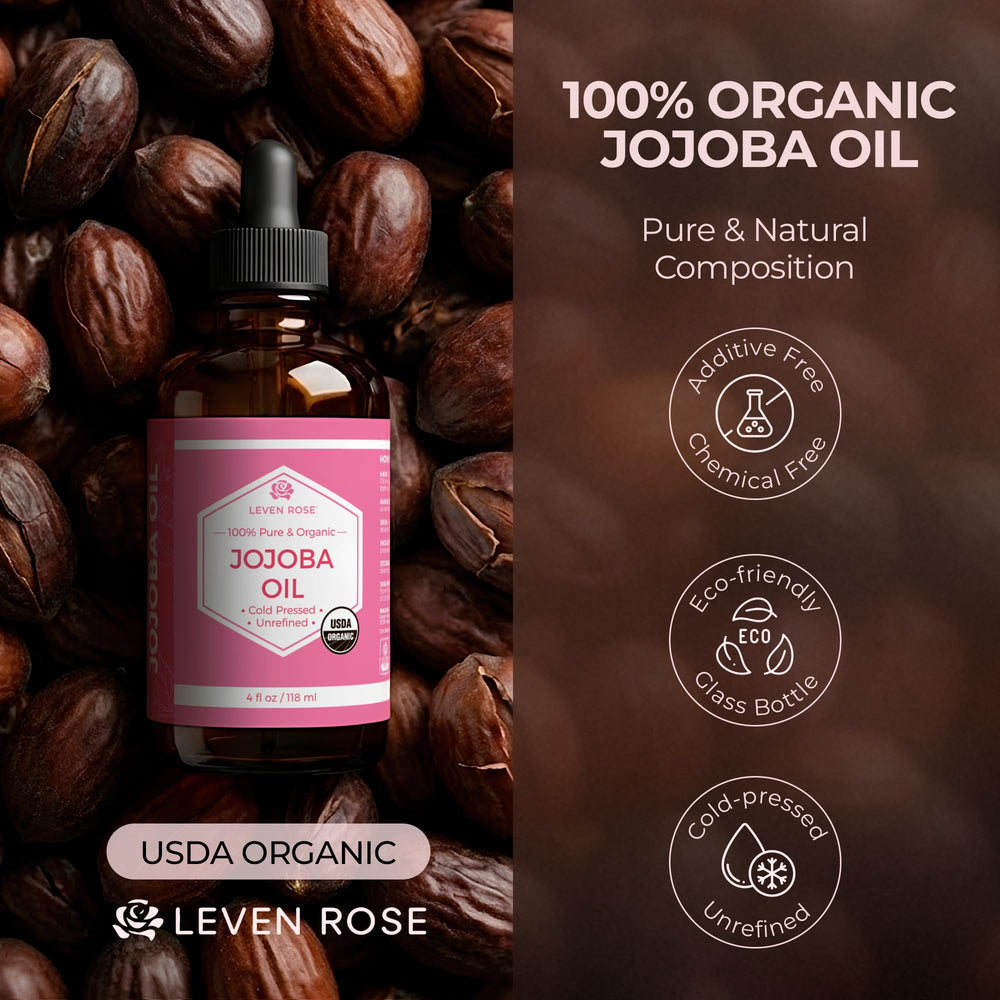 Leven Rose Aceite de Jojoba: textura-dorada, hidratación profunda sin grasa.