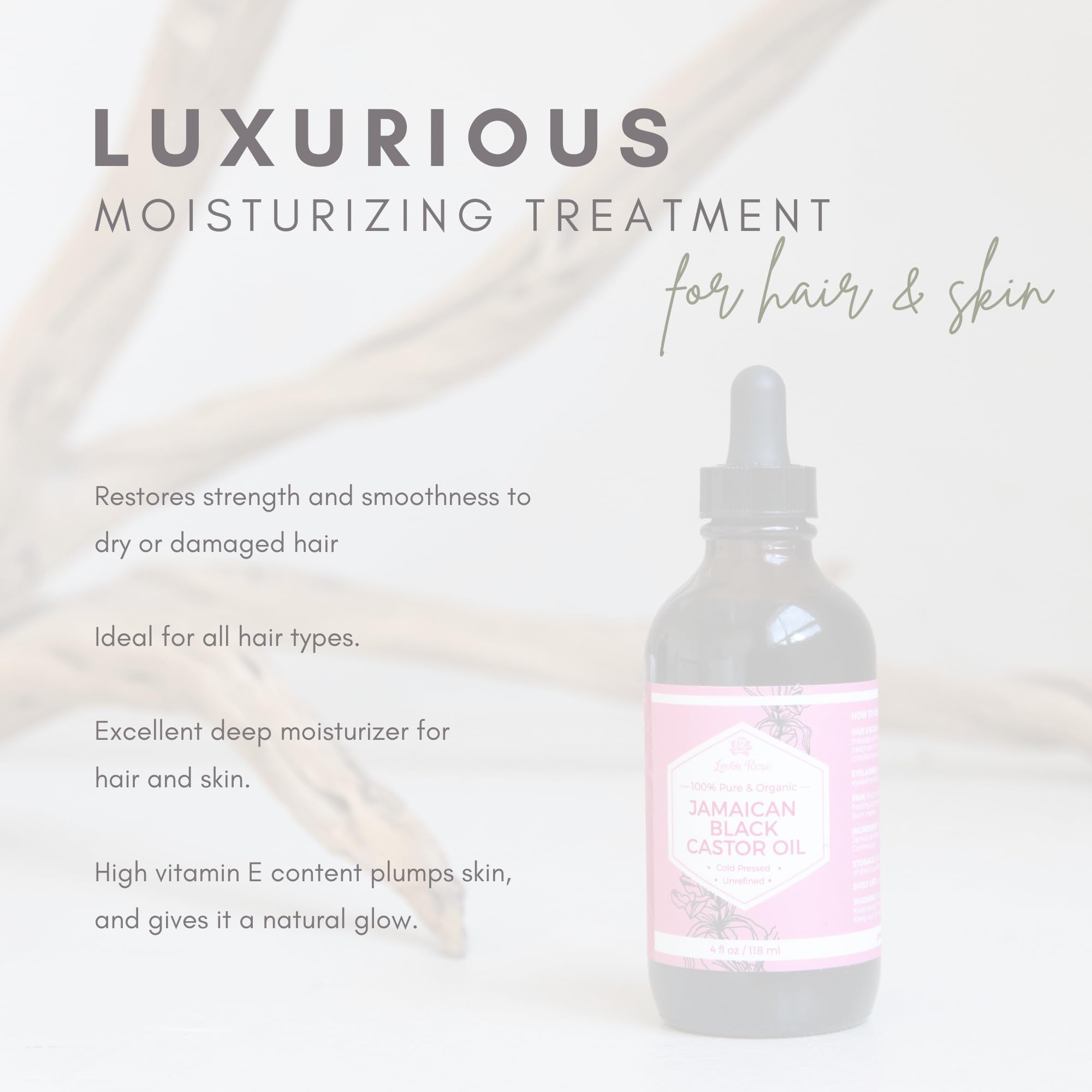 Leven Rose aceite ricino jamaicano, enfoque en crecimiento del cabello y fortalecimiento.