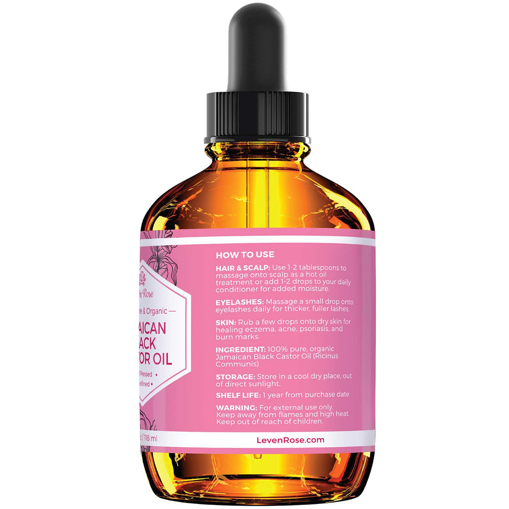 Leven Rose aceite ricino jamaicano, uso en piel para suavidad y nutrición.