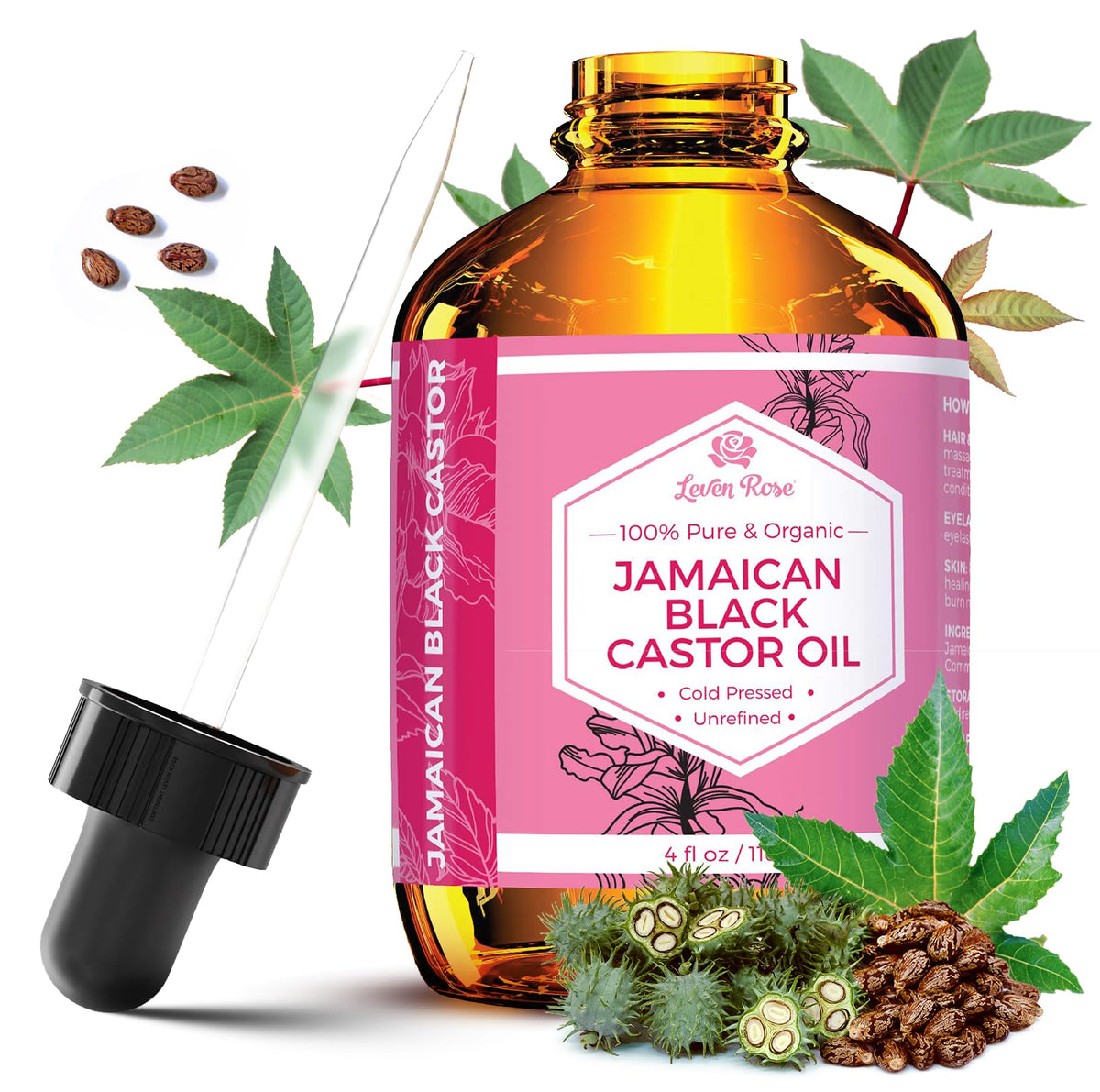 Leven Rose aceite ricino jamaicano, frasco oscuro con gotero para aplicación precisa en el cabello.