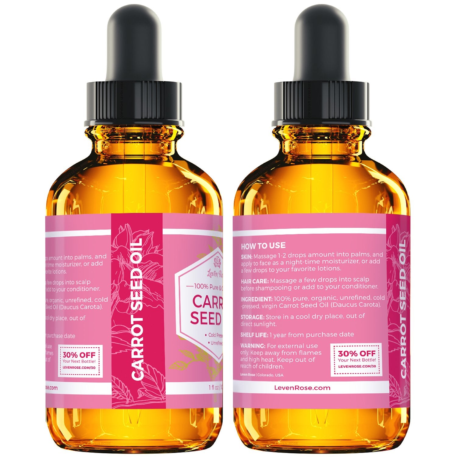 Leven Rose Aceite de Zanahoria en envase ámbar para proteger su fórmula y frescura.