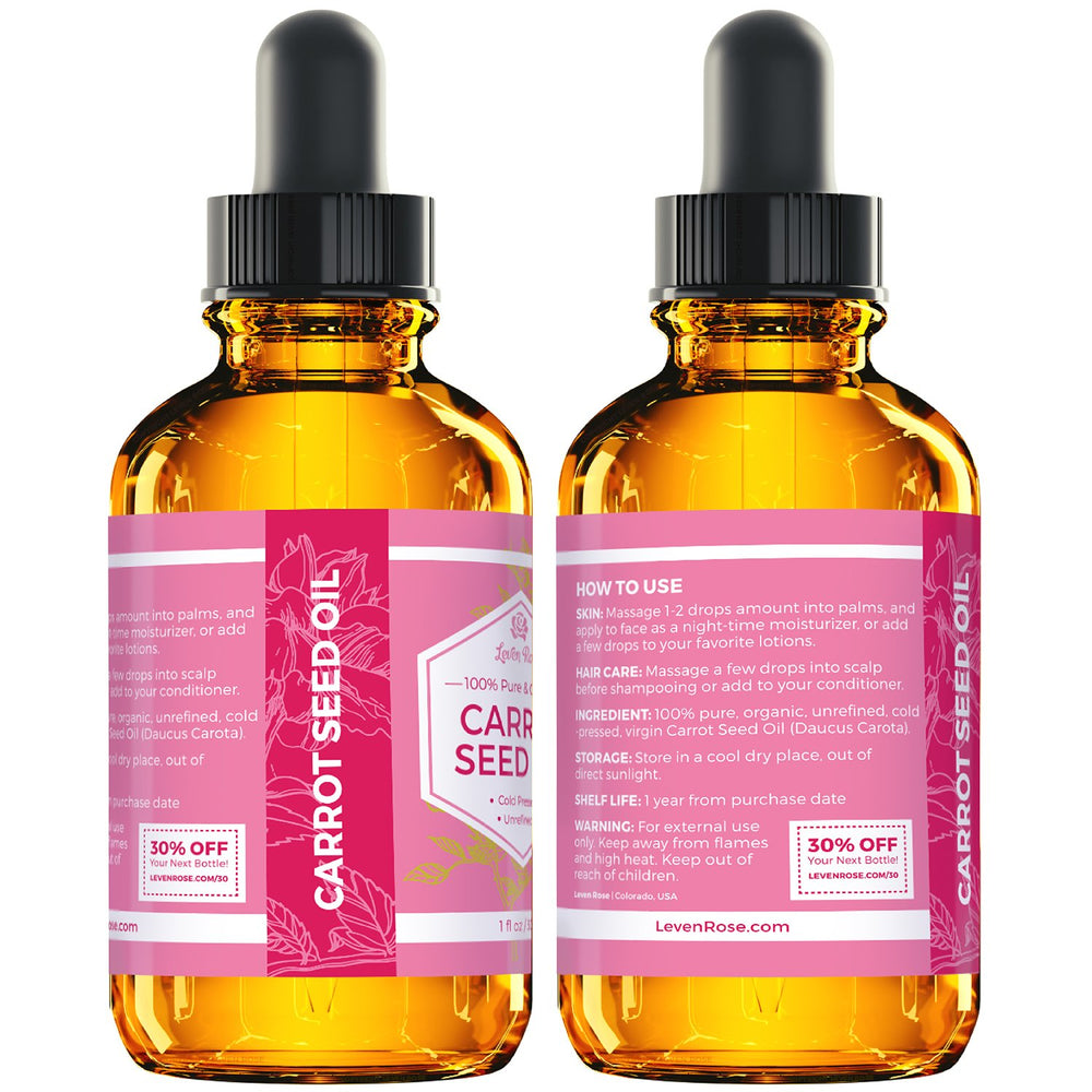 Leven Rose Aceite de Zanahoria en envase ámbar para proteger su fórmula y frescura.