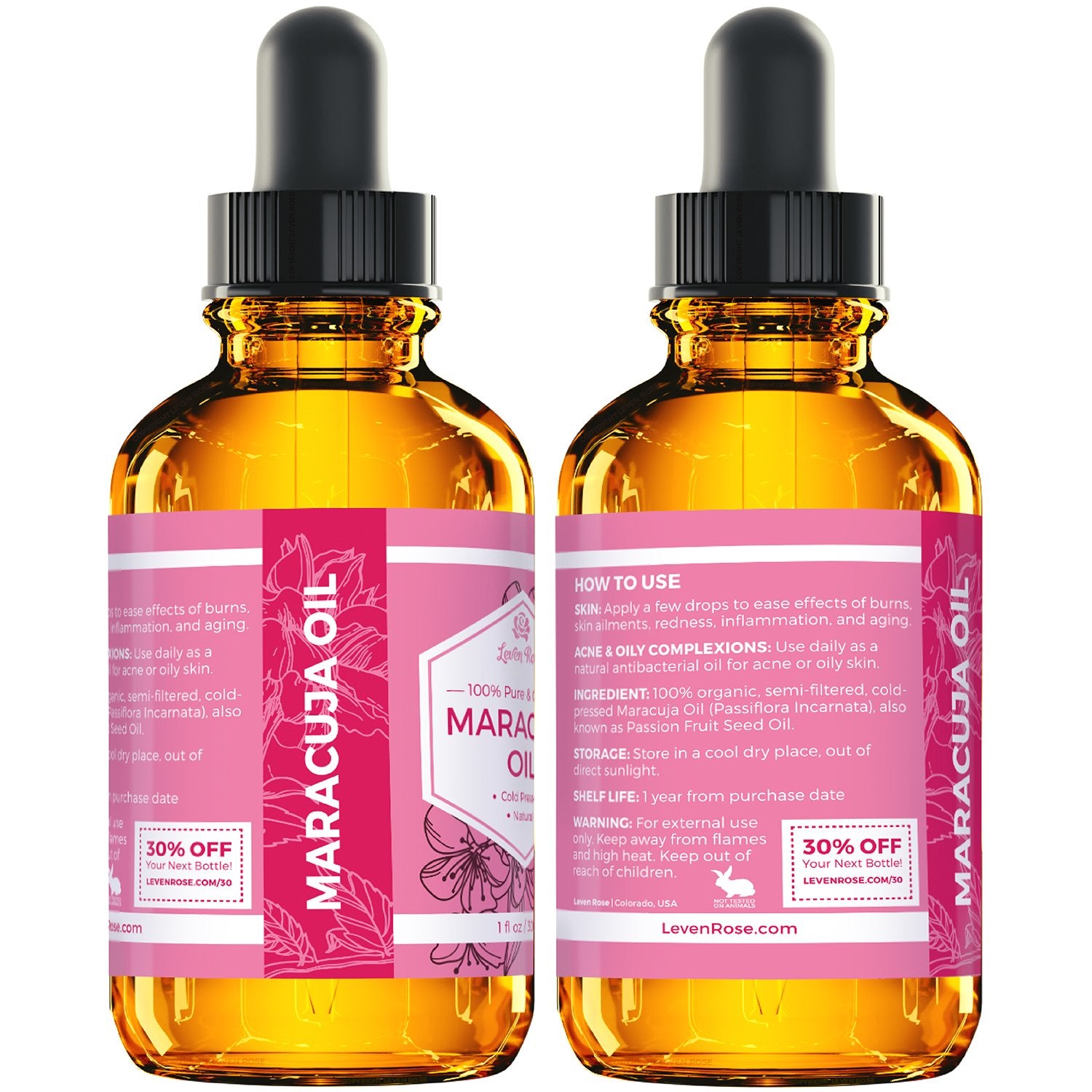 Leven Rose Aceite de maracuyá envase ámbar: potencia preservada y vida útil.