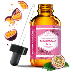 Leven Rose Aceite de maracuyá: frasco visto de frente para hidratación suave de la piel.
