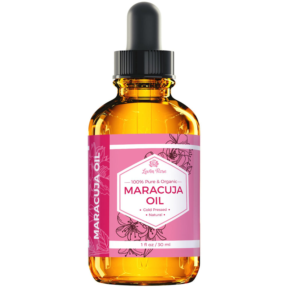 Leven Rose Aceite de maracuyá vertido: muestra de uso para cabellos y puntas protegidas.