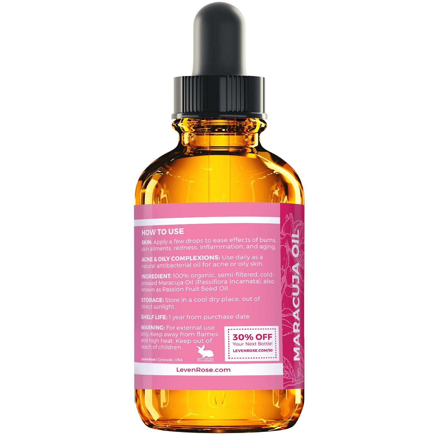 Leven Rose Aceite de maracuyá rostro y manos: hidratación suave sin grasa.
