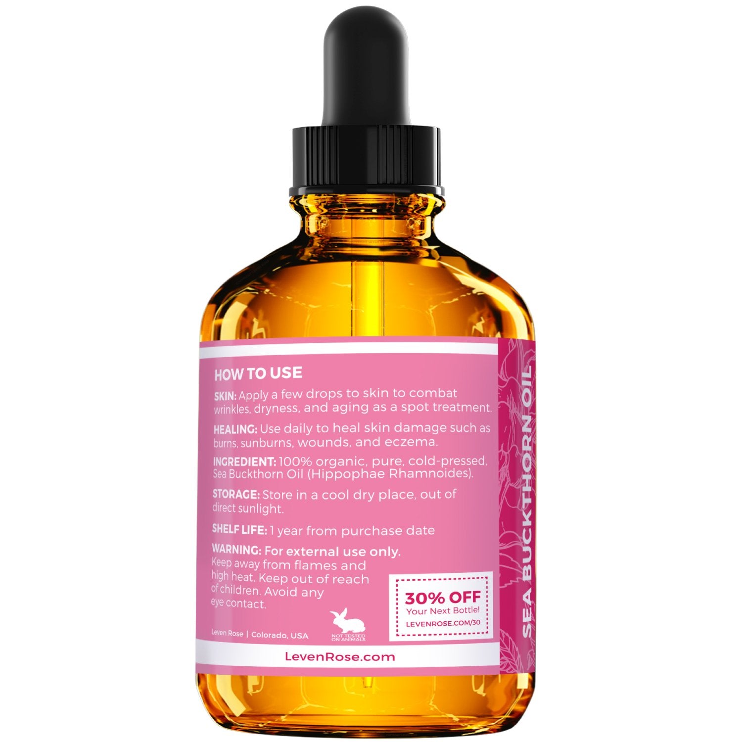 Leven Rose Aceite de Espino Amarillo, textura dorada, aporta brillo natural al cabello.