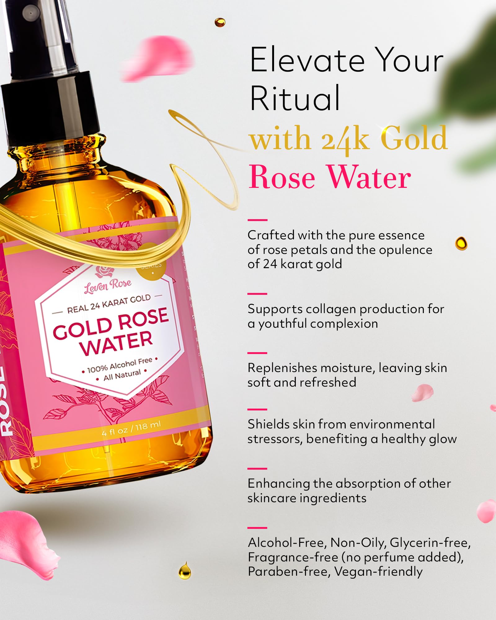 Leven Rose 24K tonico con spray, aplicación rápida para iluminar la piel