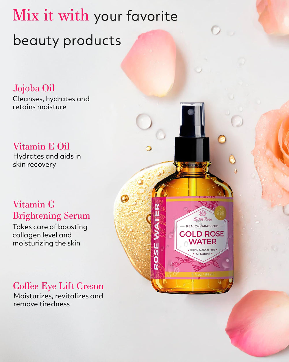 Leven Rose 24K tonico primer plano de agua de rosas maceracion natural