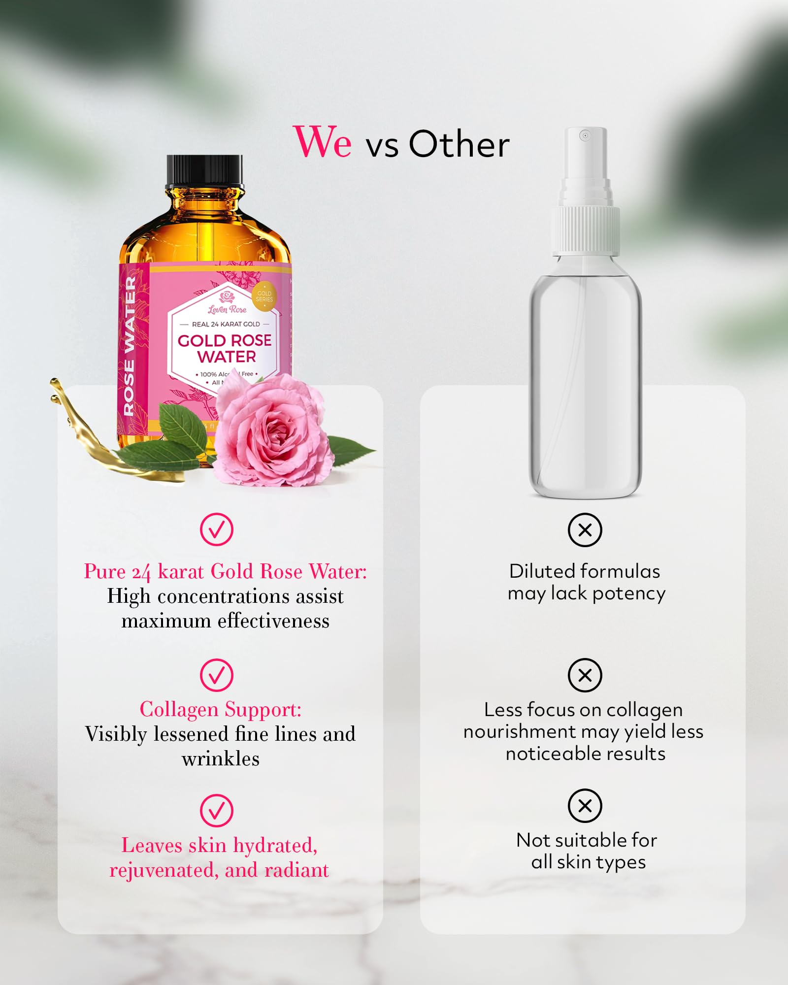 Leven Rose 24K tonico envase y caja, presentación elegante