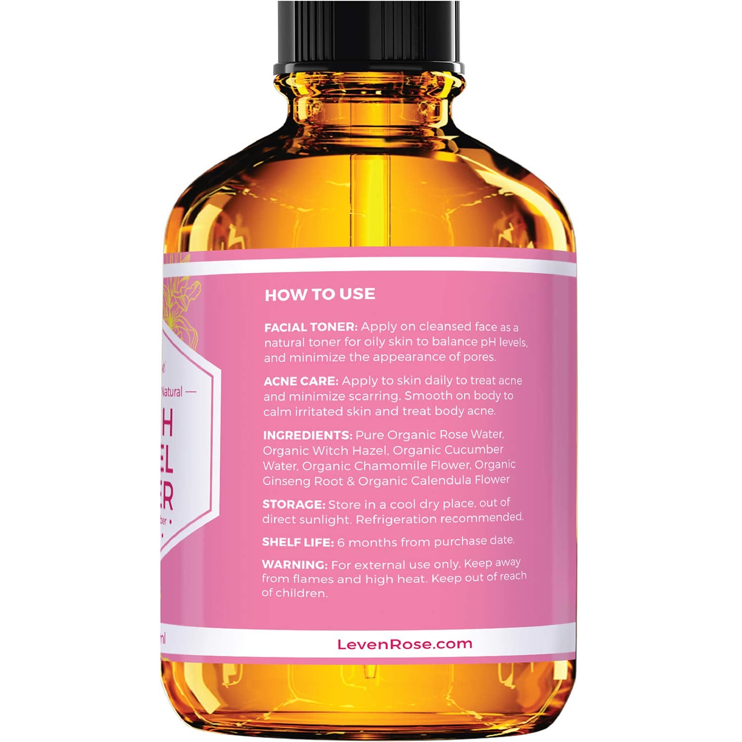 Leven Rose tónico de hamamelis con calendula, enfoque en ingredientes naturales