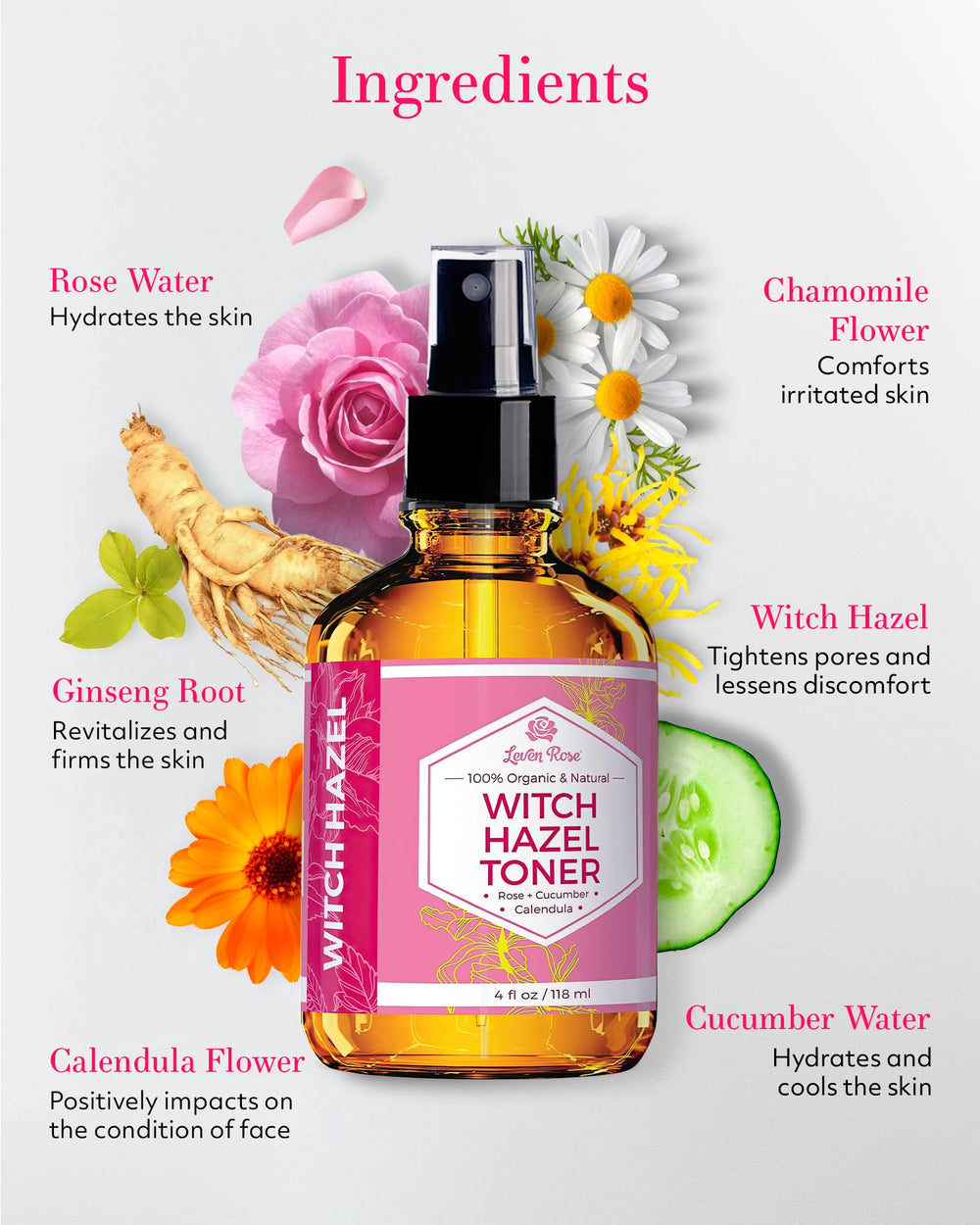 Leven Rose tónico de hamamelis con pepino para piel fresca