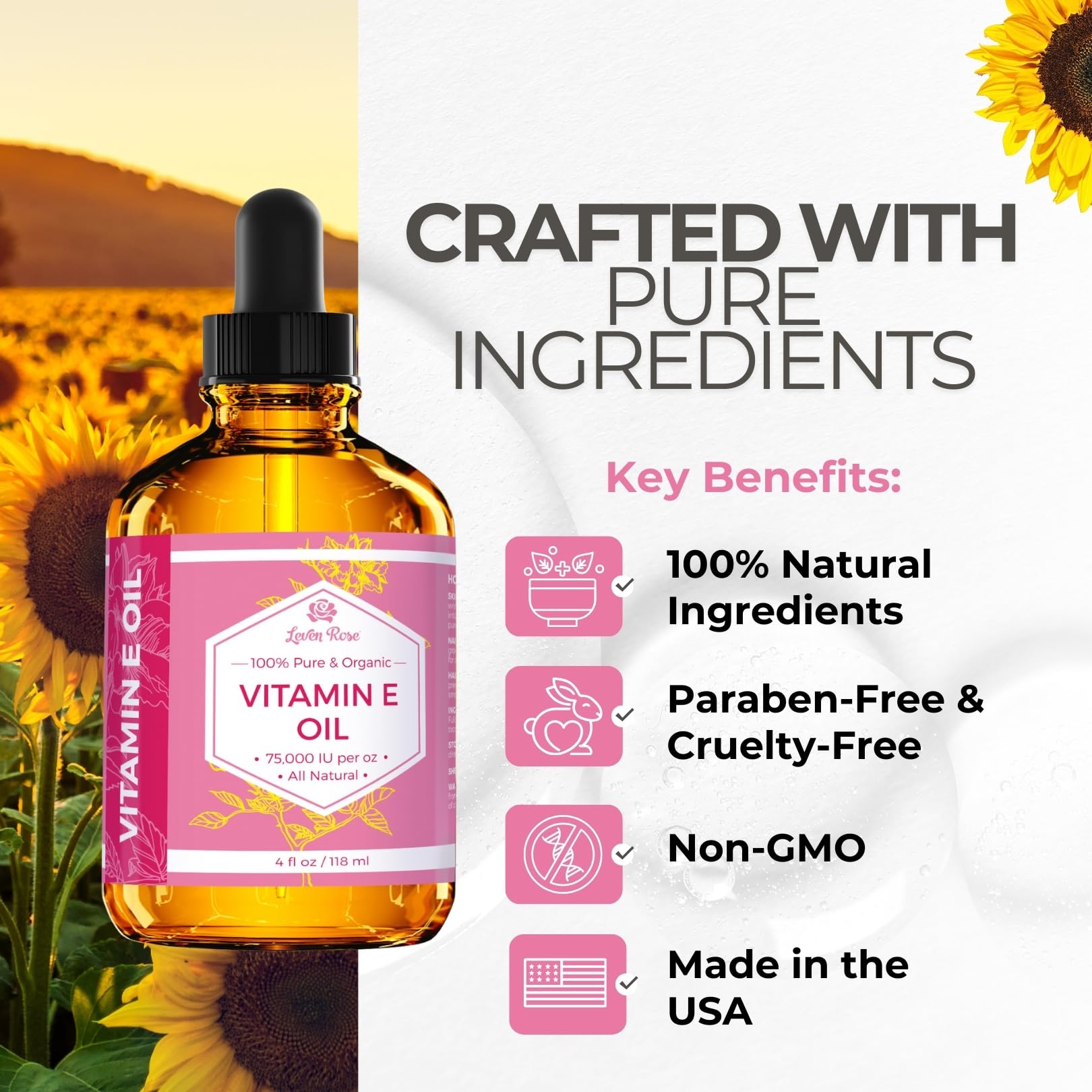 Aceite de Vitamina E de Leven Rose para piel, brillo natural.