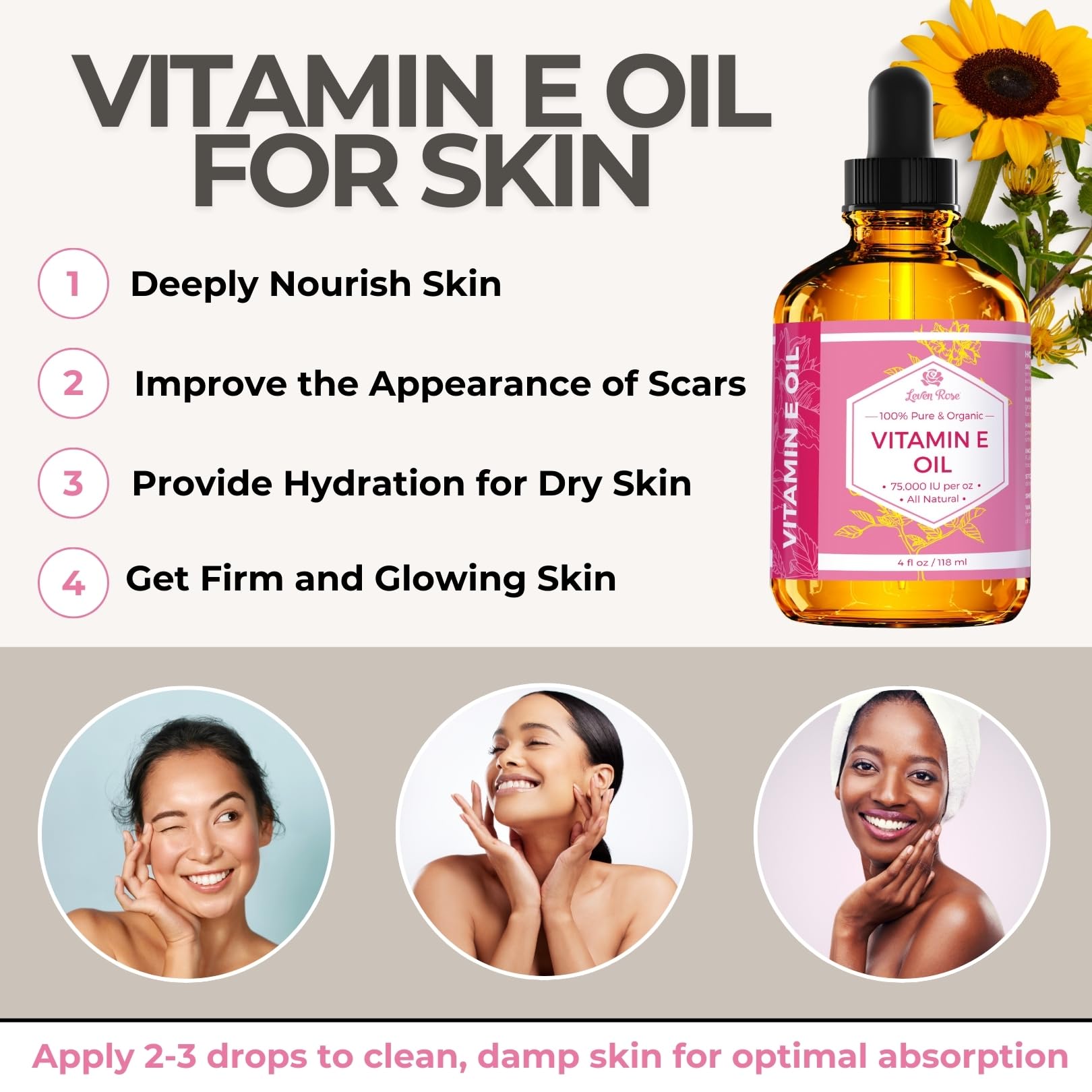 Aceite de Vitamina E de Leven Rose, textura sedosa para hidratación profunda.
