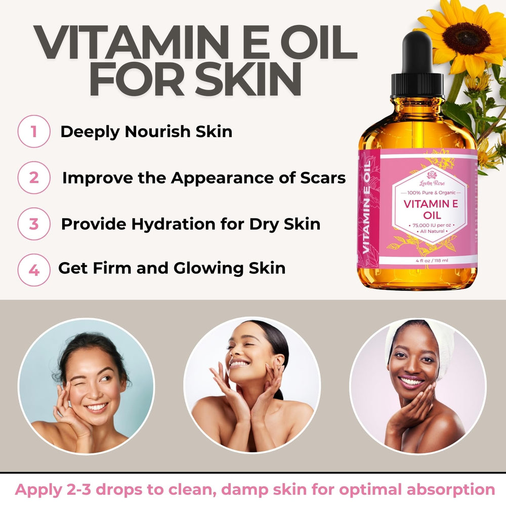 Aceite de Vitamina E de Leven Rose, textura sedosa para hidratación profunda.