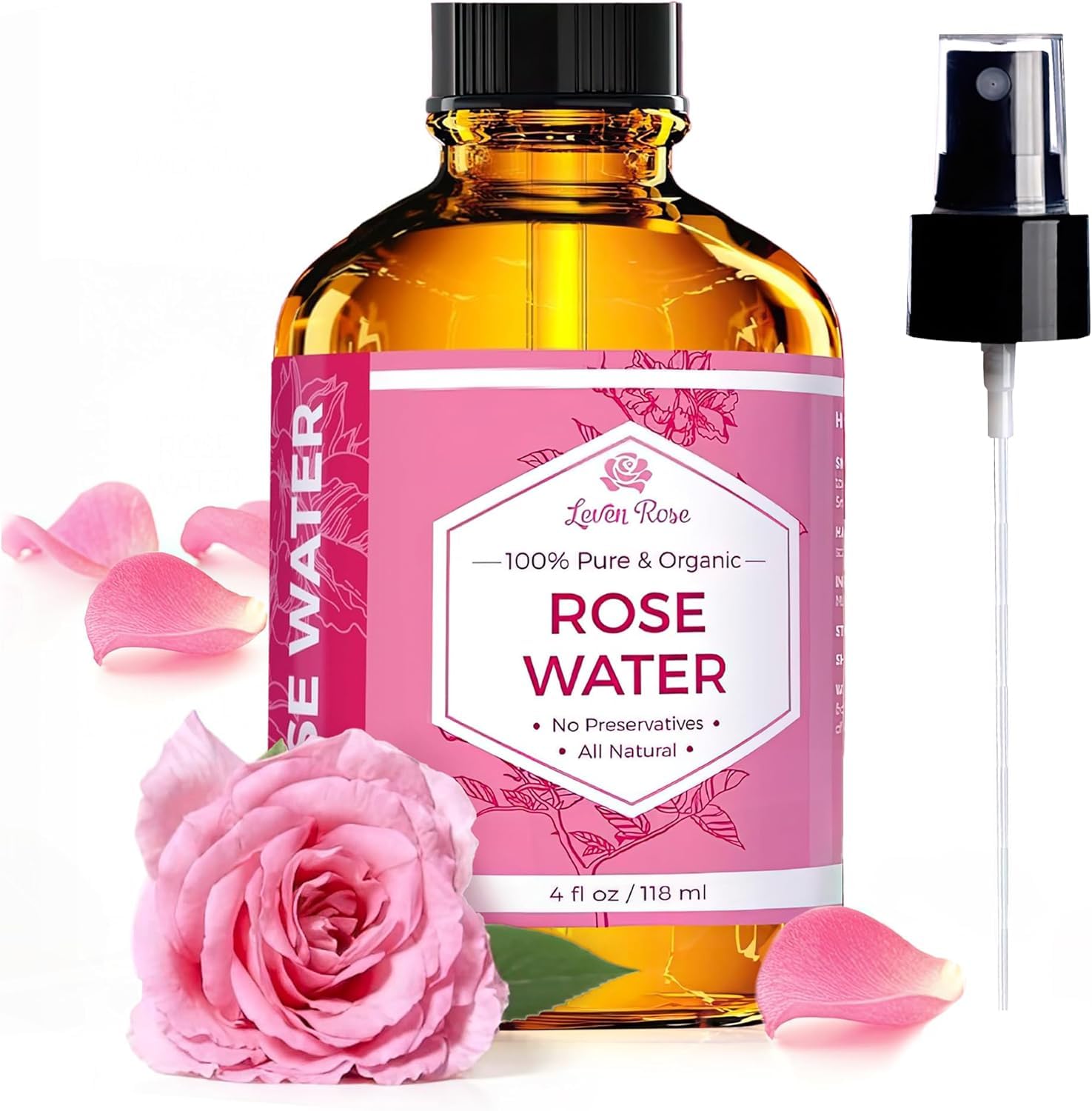 Leven Rose Agua de Rosas: tónico facial en botella de 4oz para equilibrar la piel.