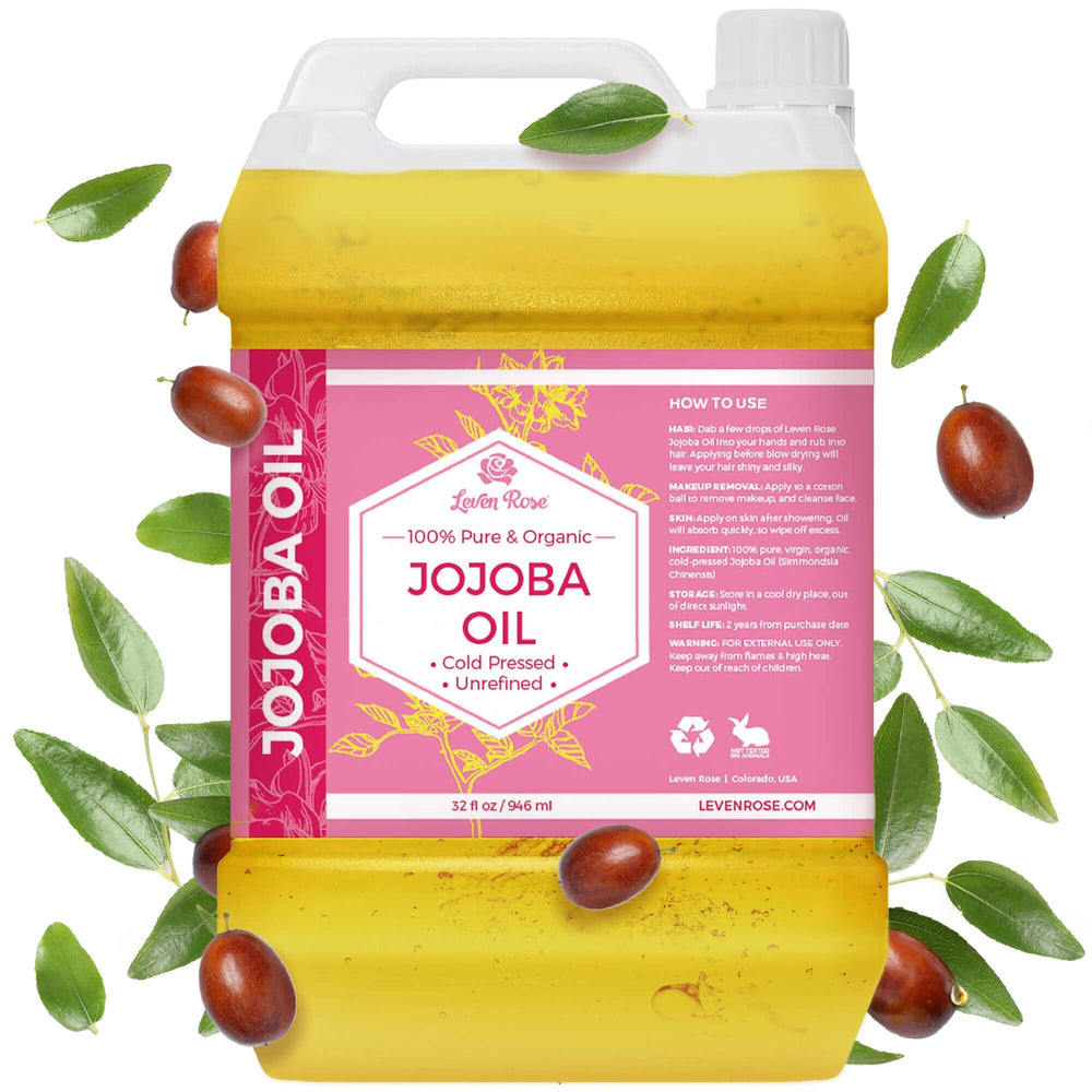 Leven Rose jojoba oil 32oz bulk bottle pour for easy refills and skincare routine.