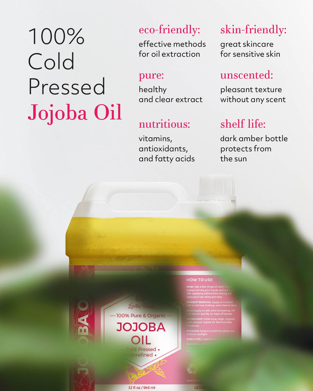 Leven Rose jojoba oil for face and body nourishment with light, non-greasy feel.