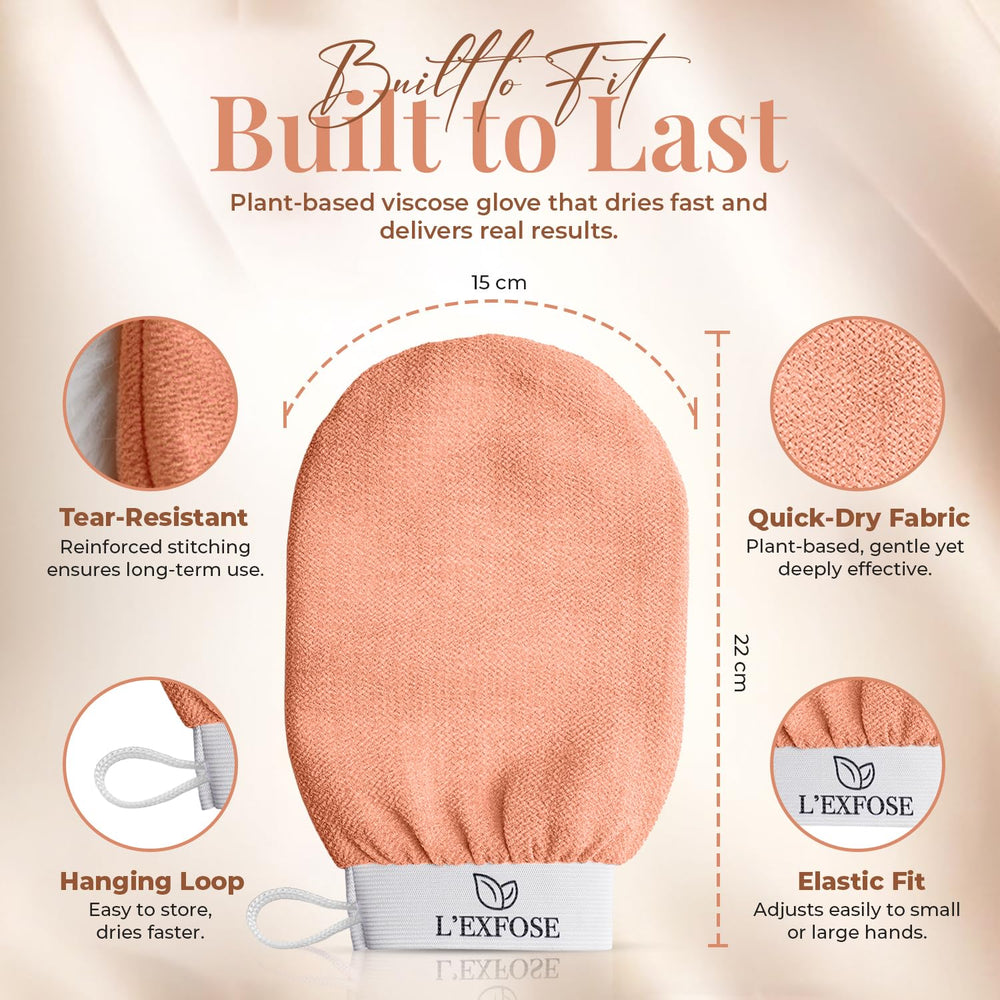 L'Exfose Kessa Hammam glove in bathroom scene for pampering routine.