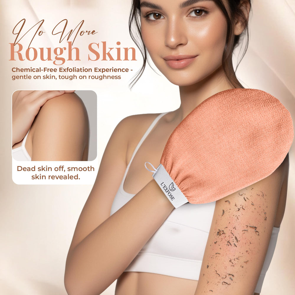 L'Exfose Kessa Hammam glove with circular-rub motion buffing skin.
