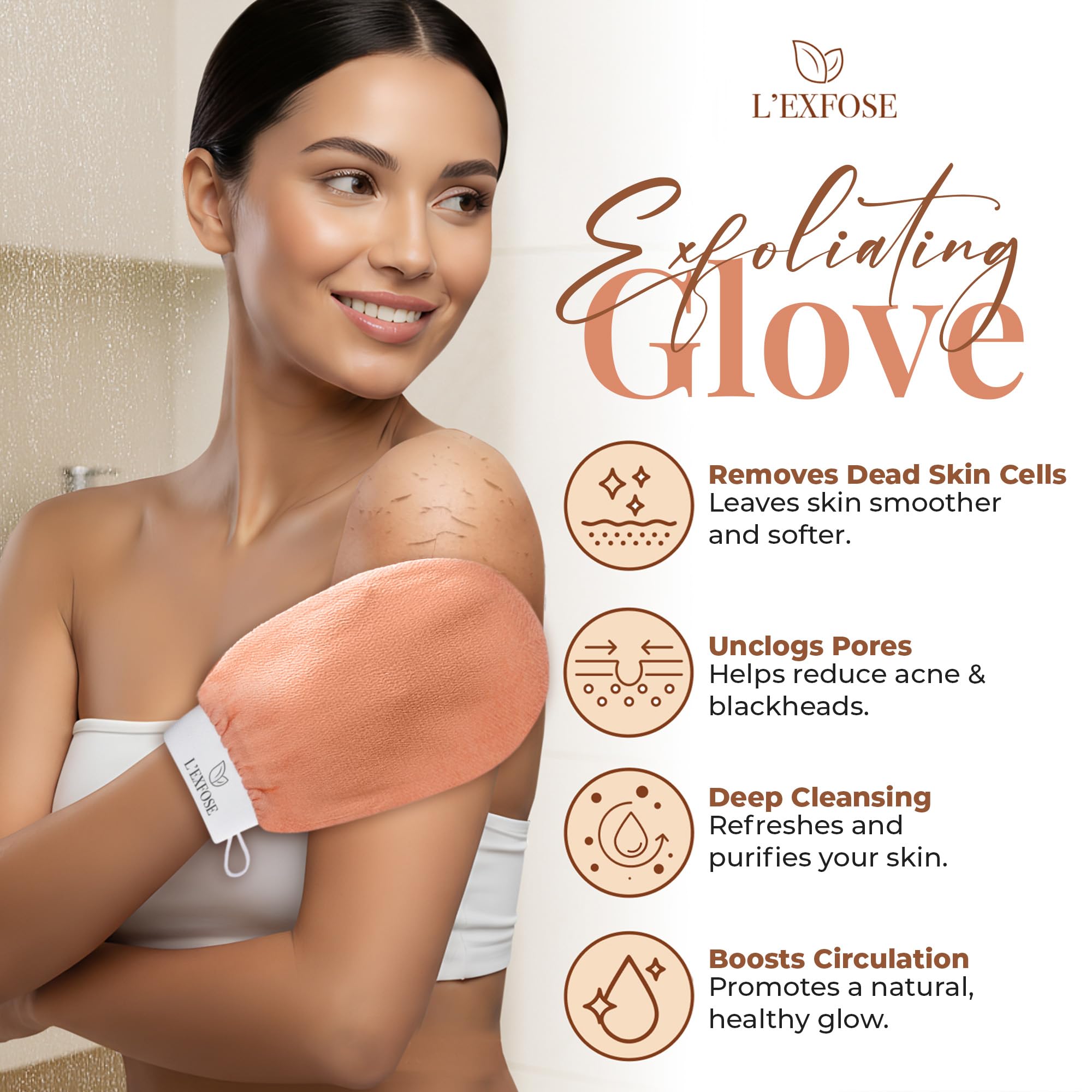 L'Exfose Kessa Hammam glove texture detail showing 150D exfoliation for gentle scrubbing.