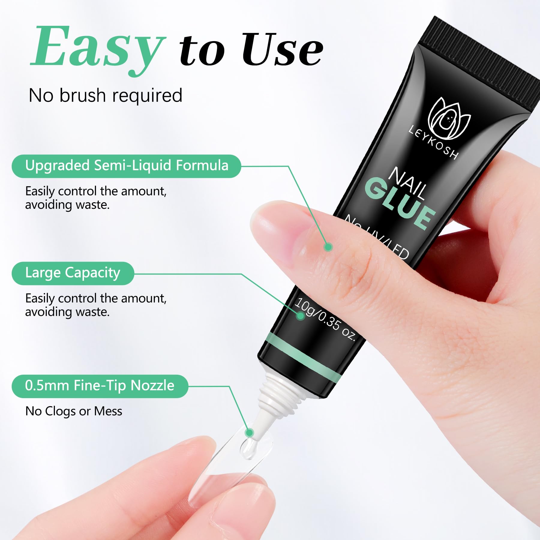 LEYKOSH nail glue dries in about 10 seconds for speedy results.