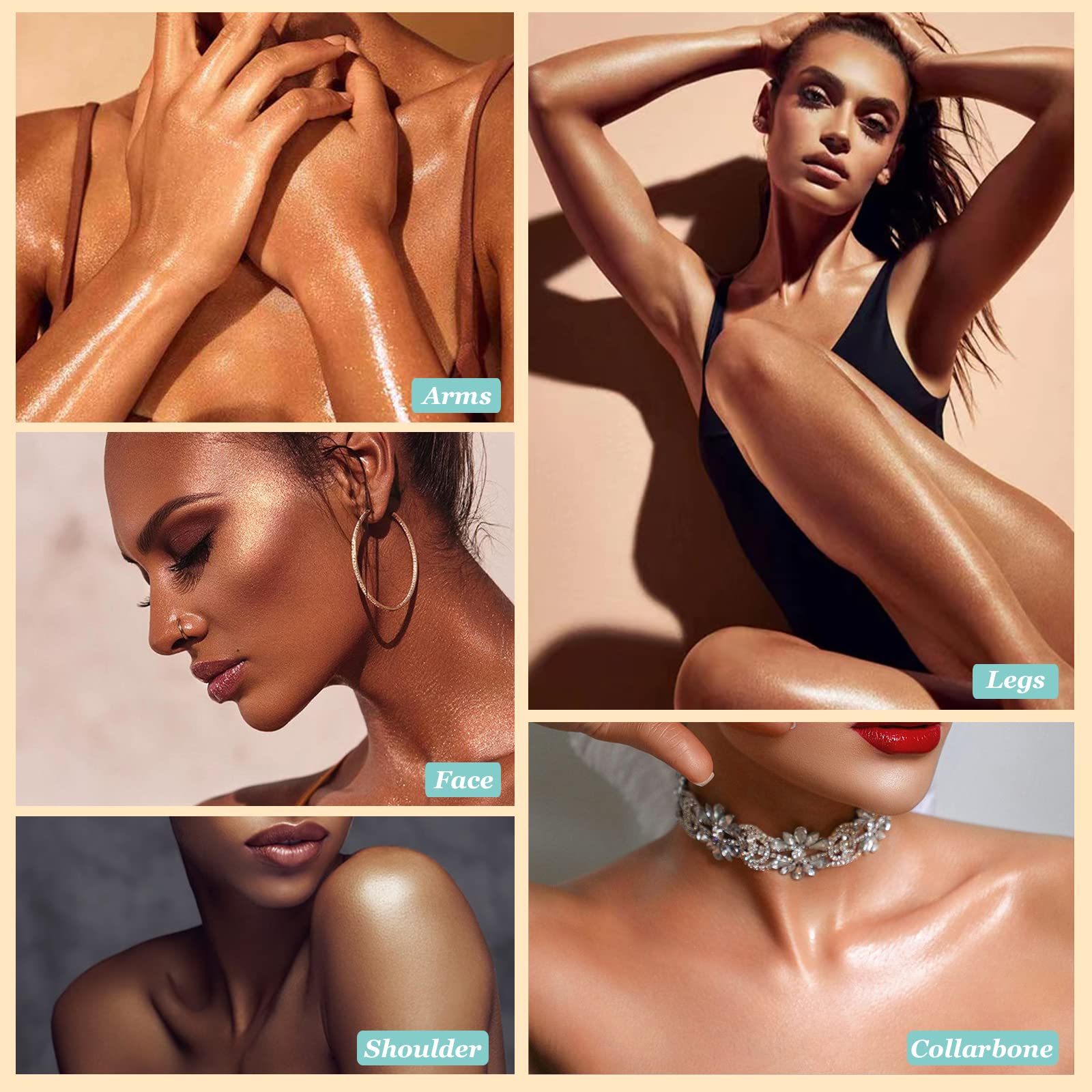 Lezero Body Shimmer Oil, tono Metallic Gold, ideal para destacar hombros y clavícula.