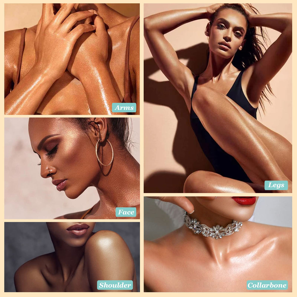 Lezero Body Shimmer Oil, tono Metallic Gold, ideal para destacar hombros y clavícula.