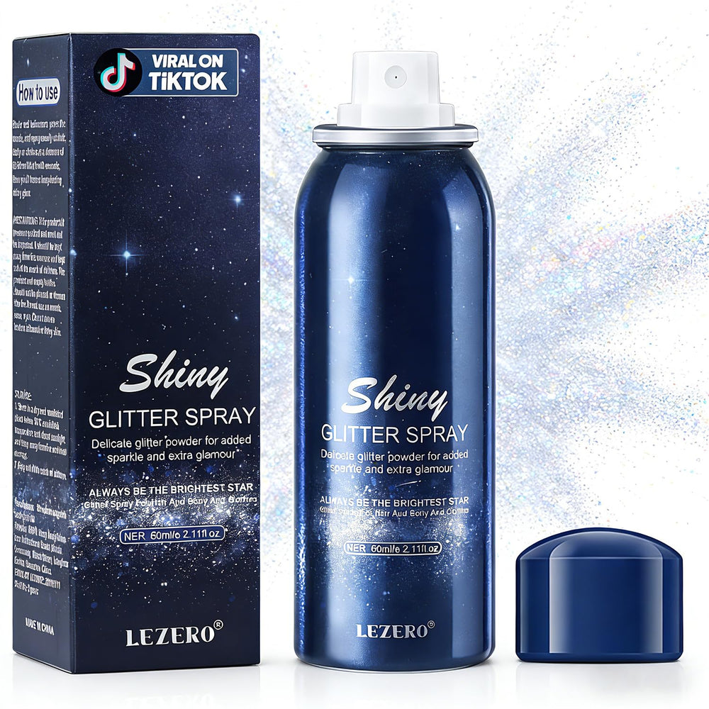 Lezero Face Glitter Spray holo silver bottle adds instant festival shine to hair and skin.
