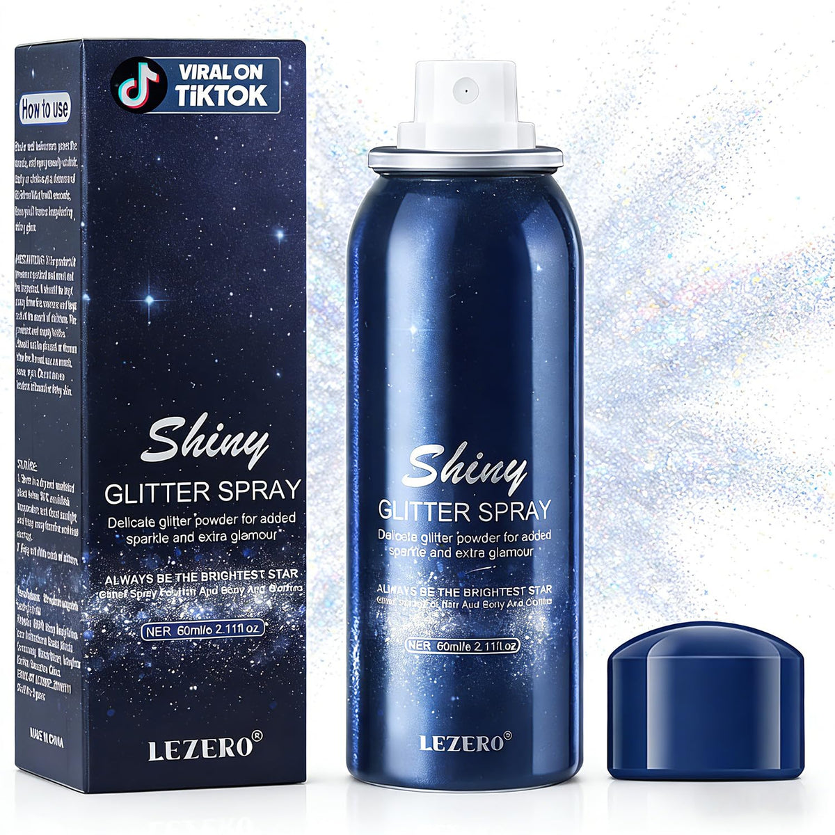Lezero Face Glitter Spray holo silver bottle adds instant festival shine to hair and skin.
