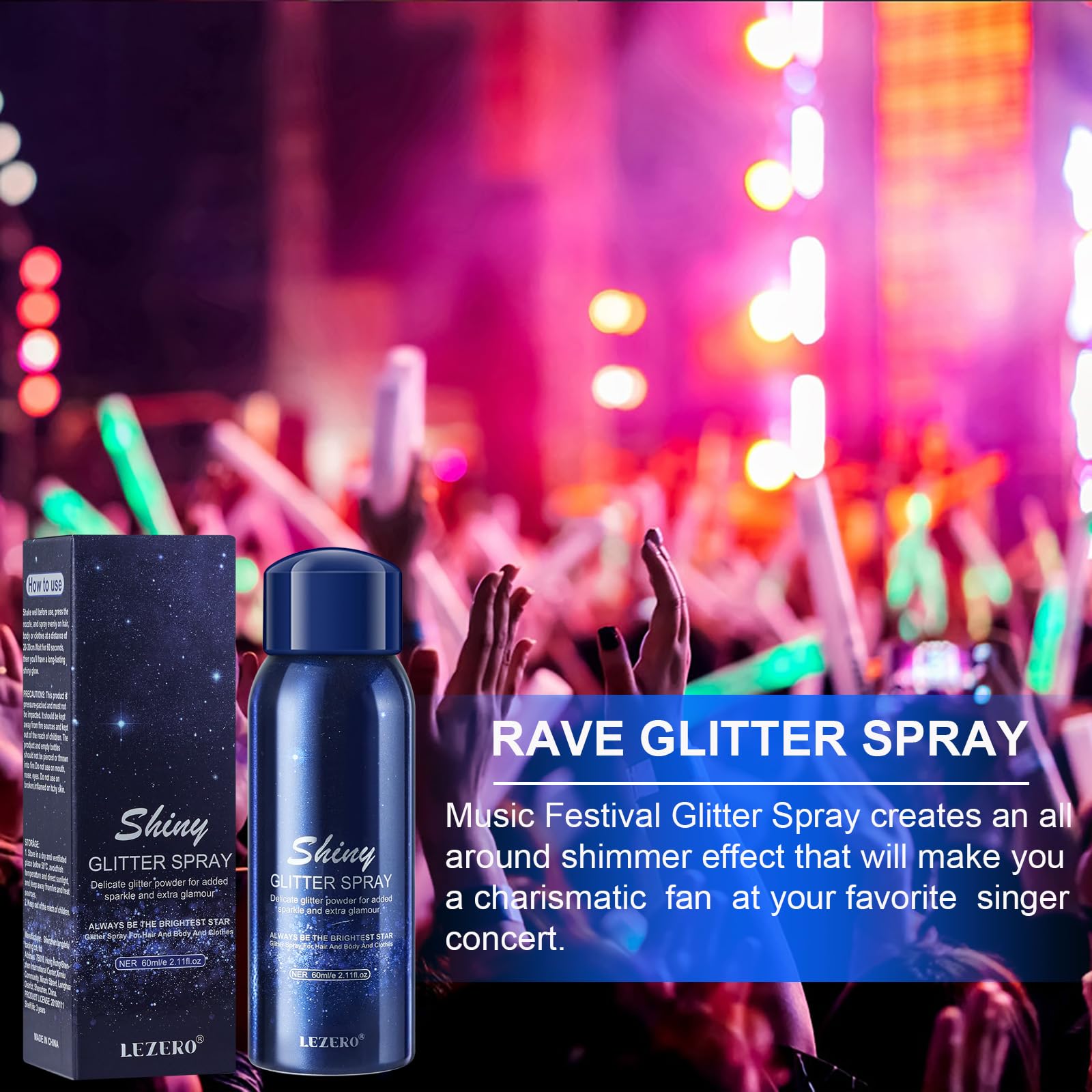 Lezero glitter spray for hair application creates bold, non-greasy shimmer for concerts.