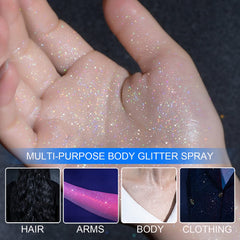 Lezero glitter spray on skin delivers long-lasting sparkle for parties.