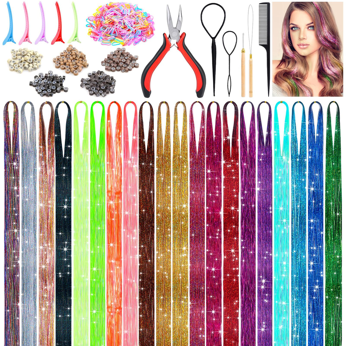 Lezmarket 6000-strand hair tinsel kit in 20 colors for vibrant party looks.